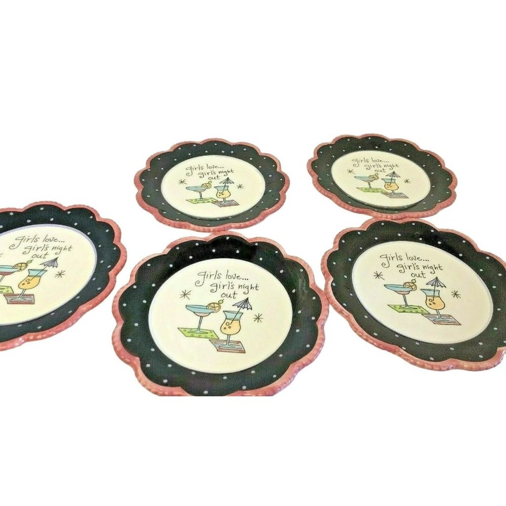 Ceramic‎ Set of 5 Plates Girls Night Out Pink Black White Scallop